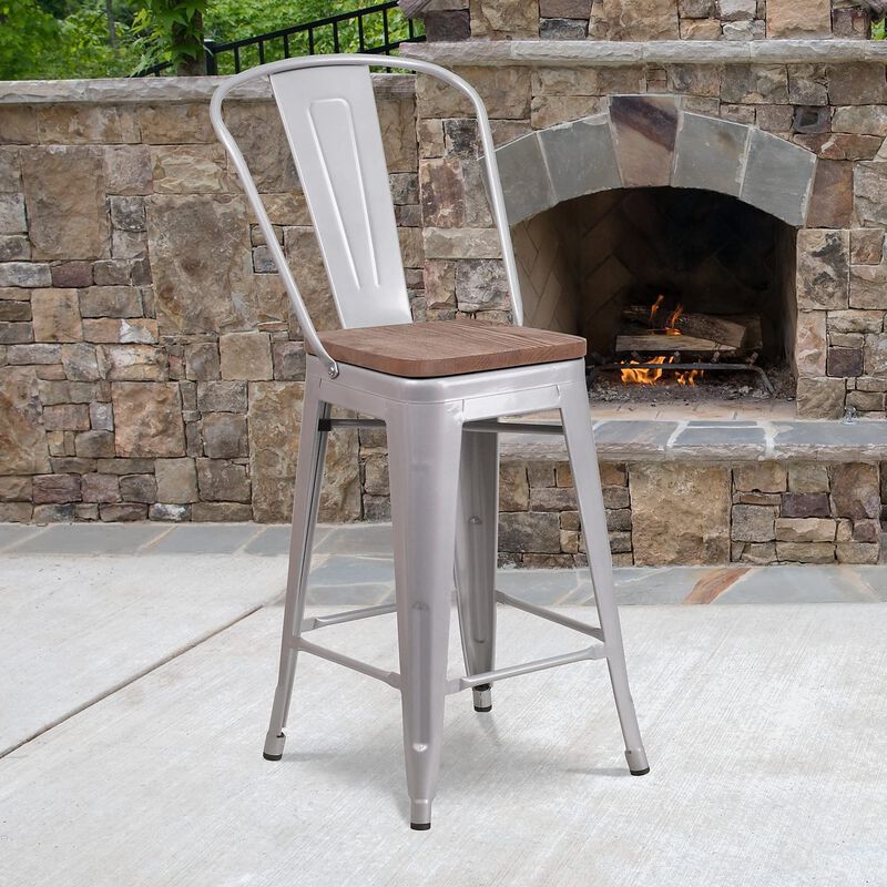 Flash Furniture Lily 24" High Silver Metal Counter Height Stool with Back and Wood Seat image number 1