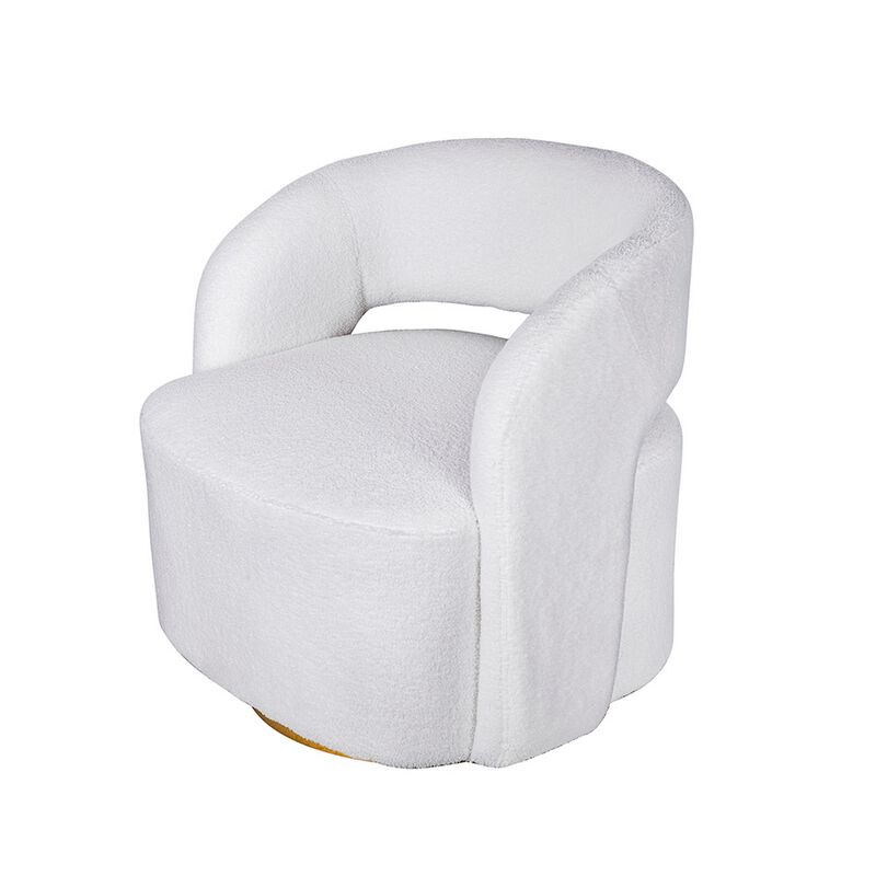 Xion 30 Inch Swivel Accent Chair, White Fabric Upholstery, Gold Iron Base