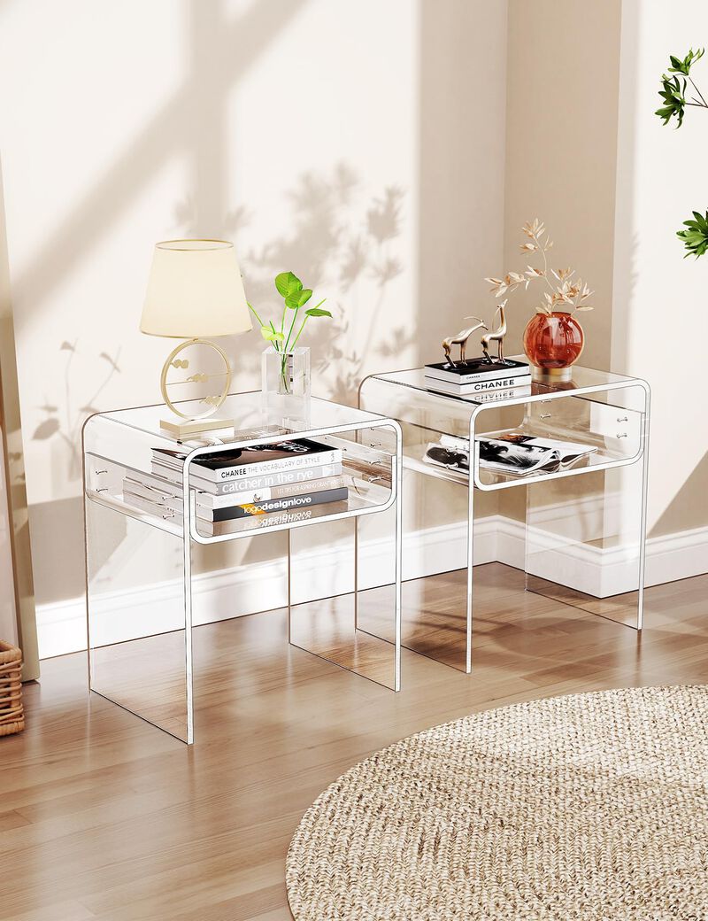 solaround Clear Acrylic End Table 2-Tier Bedside nightstand for Living Room Bedroom Home Decor (Clear Double)