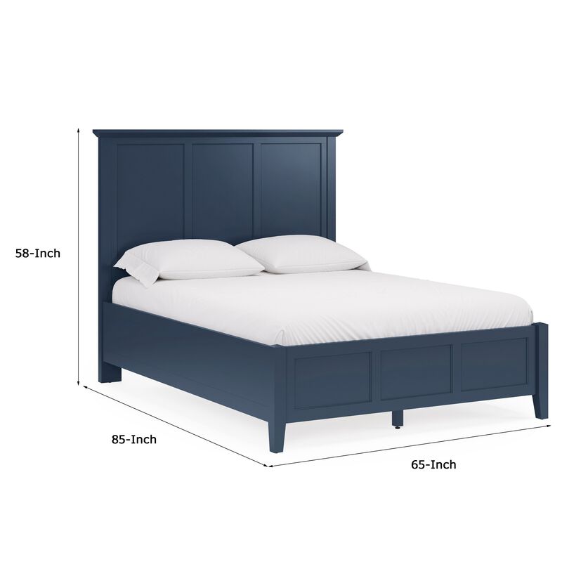 Fritz Queen Size Bed, Three Panel Design, Beveled Top, Solid Wood, Blue