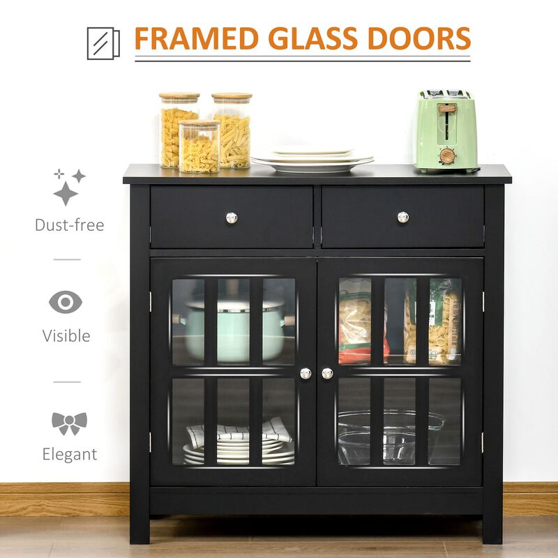 Black Dining Cabinet: Buffet with Glass Doors and 2 Drawers