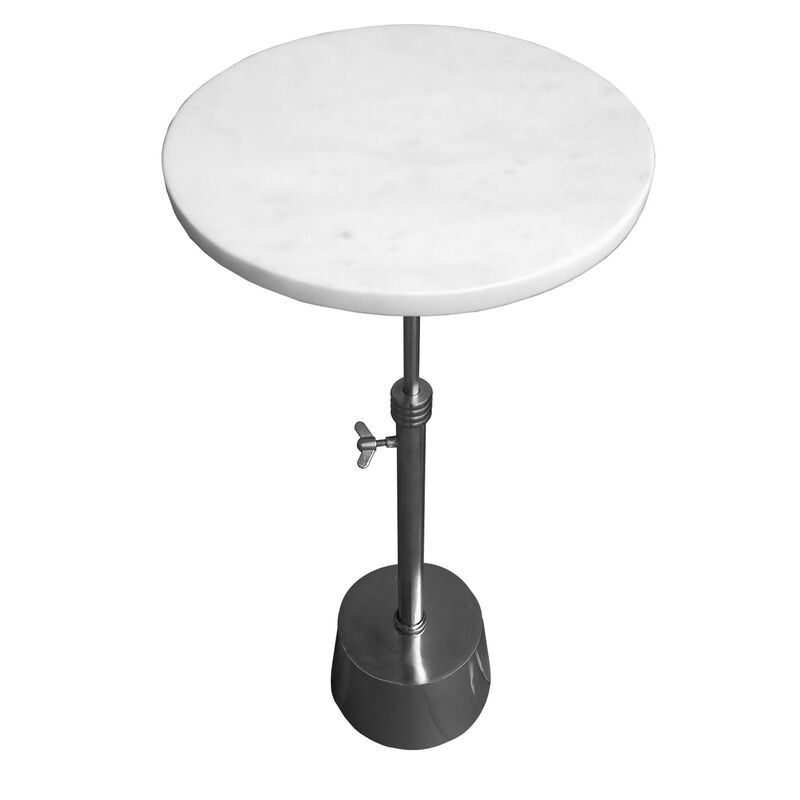 Aluminum Frame Round Side Table with Marble Top and Adjustable Height, White and Silver-Benzara