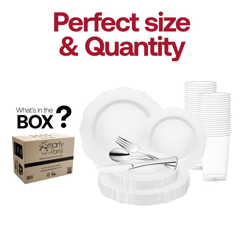 White with Silver Rim Round Blossom Plastic Wedding Value Set (30 Sets) image number 3