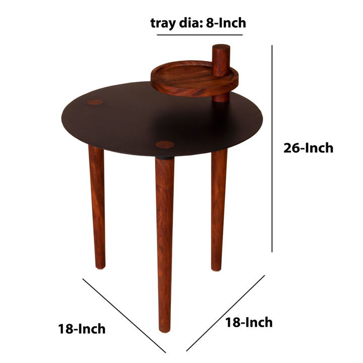 25.6 Inch Round Side Table with Rotatable Tray and Metal Top, Brown and Black