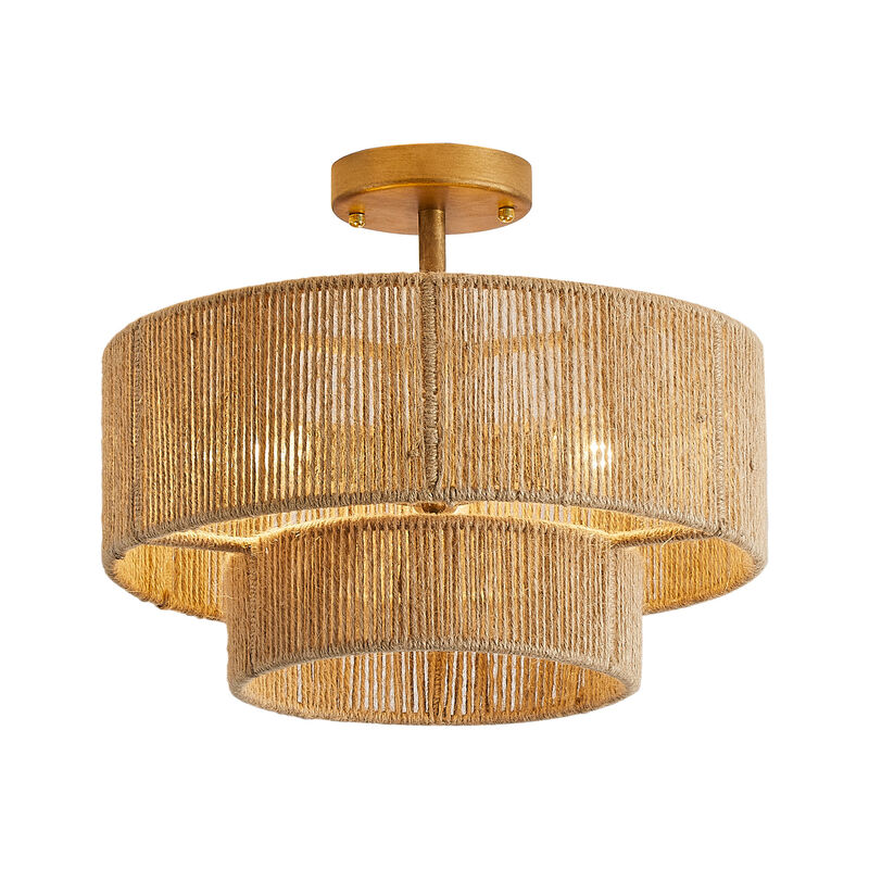 15" Bohemian Gold 2-Tier Hemp Rope Semi Flush Mount Ceiling Light