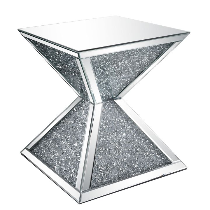 Sparkling End Table with Faux Diamonds Inlay , Silver and Clear-Benzara
