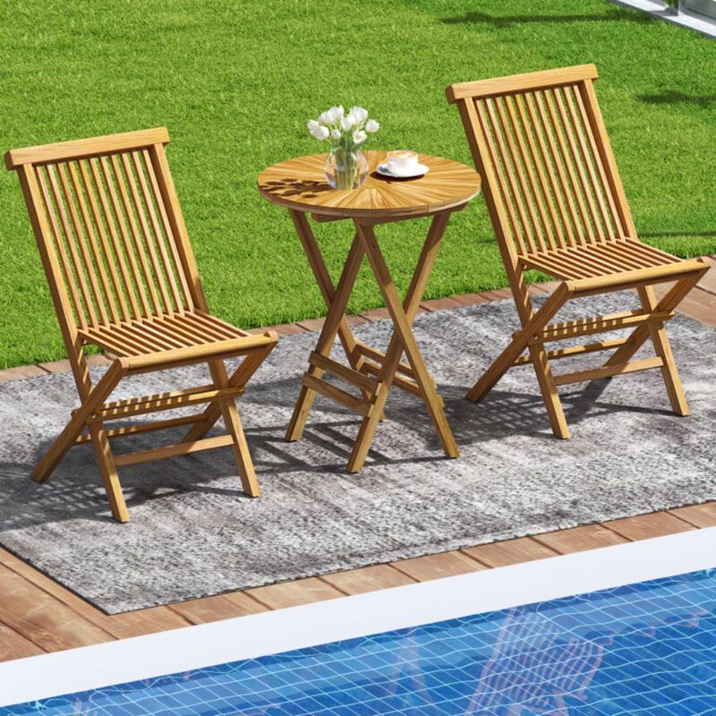 Hivvago Patio Folding Side Table Teak Wood Round End Table with Slatted Tabletop and X-Shaped Frame