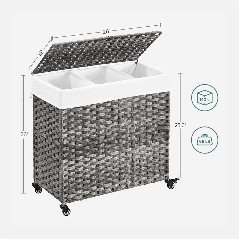 Hivvago Handwoven PP Wicker 3-Section Laundry Basket Cart with Cotton Liner on Wheels image number 3