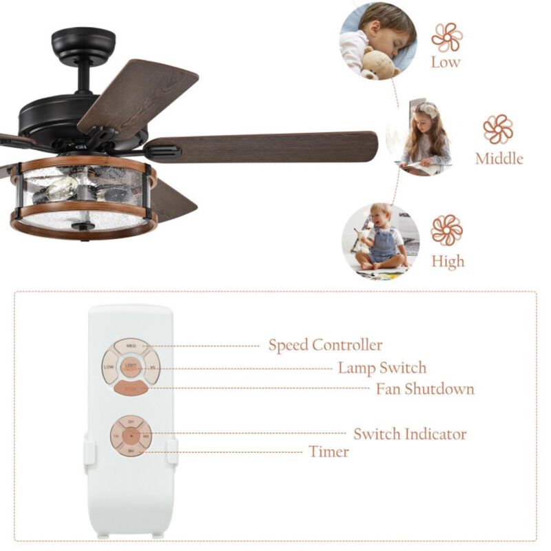 Hivvago 52" Retro Ceiling Fan Lamp with Glass Shade Reversible Blade Remote Control