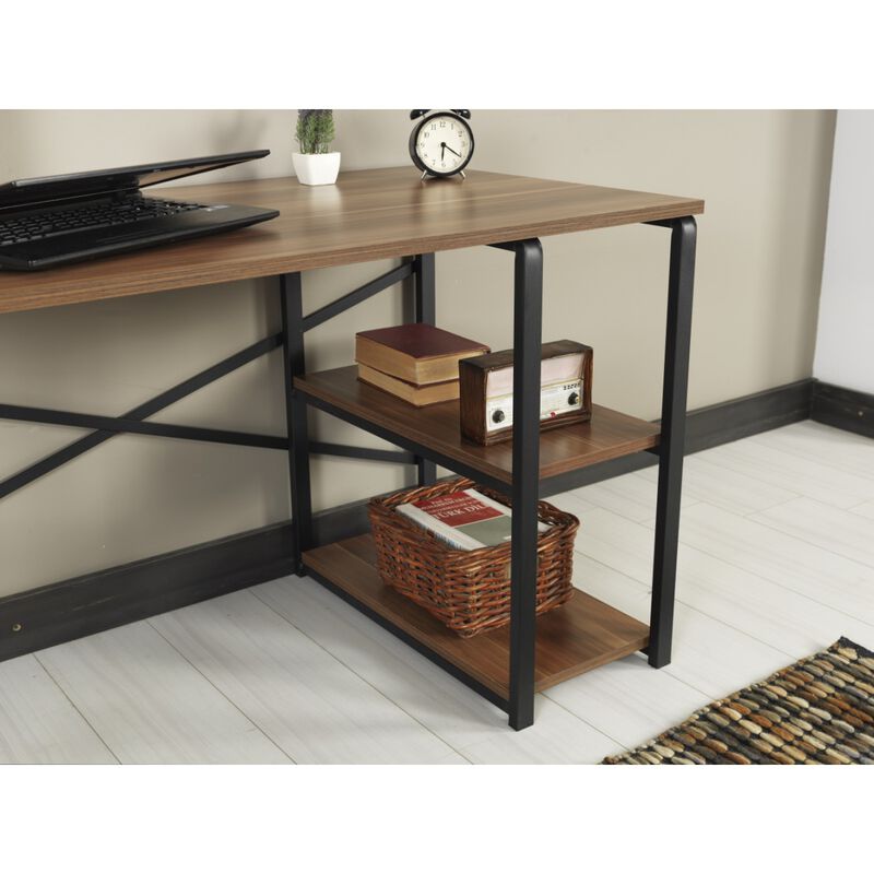 Furnish Home Store Sage Black Metal Frame 47" Wooden Top 2 Shelves Writing and Computer Desk for Home Office, Walnut