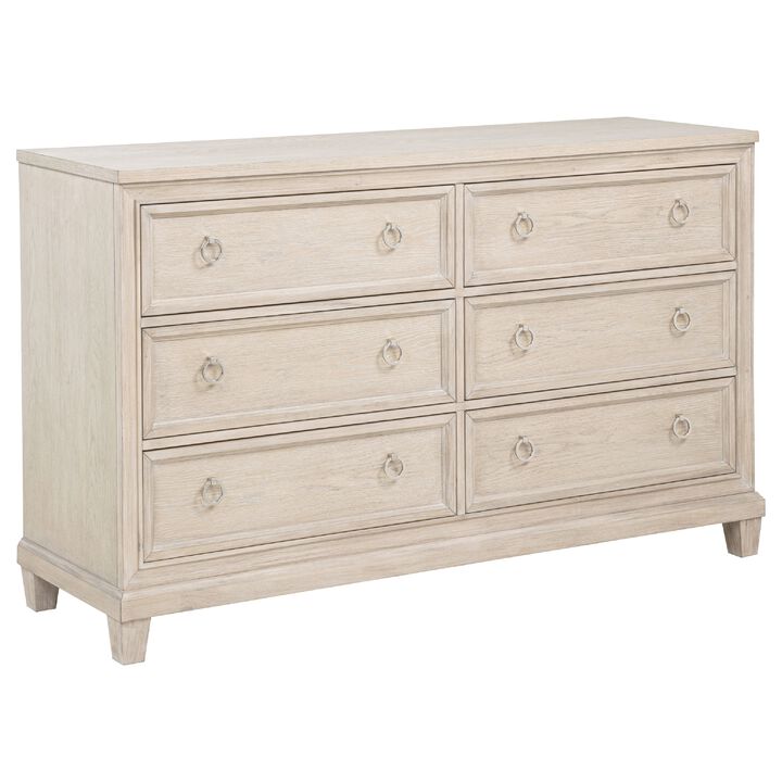 Kylie Wide Dresser with 6 Drawers, Stepped Trim, Washed Oak Wood