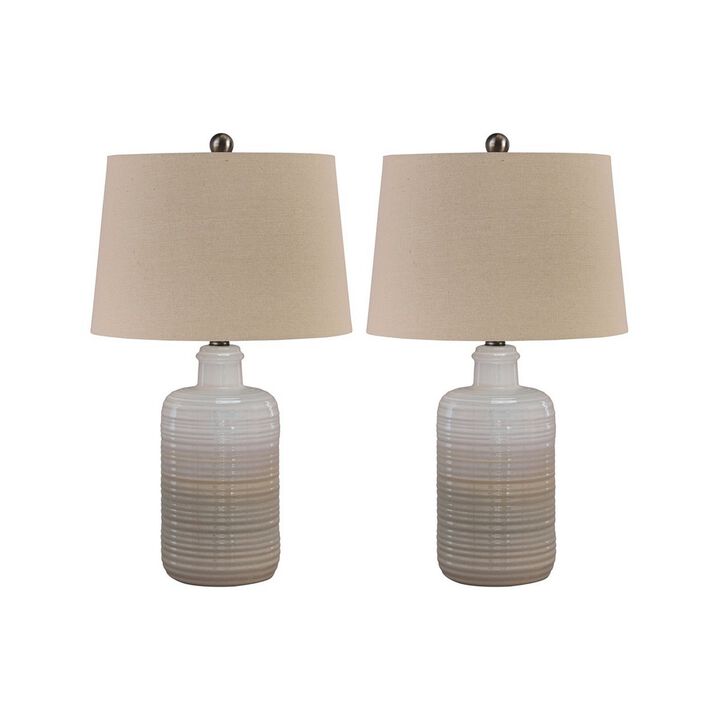 Ceramic Body Table Lamp with Brushed Details, Set of 2, Beige and White - Benzara