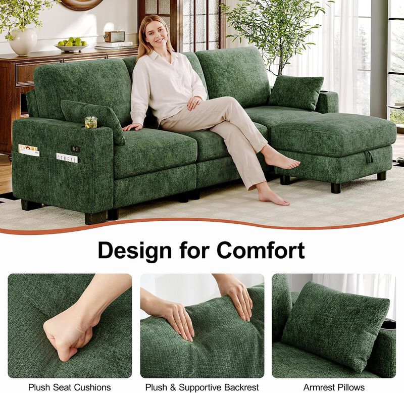 Vipbear 100 Inch Modular Sectional Sofa, Soft Chenille L Shaped Couch with Moveable Storage Ottoman image number 3