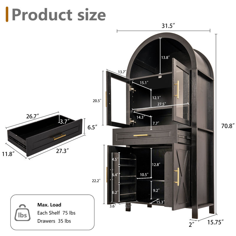 Merax Farmhouse Arched Glass Barn Door Pantry Cabinet - Adjustable Shelves & Built-In Racks image number 6