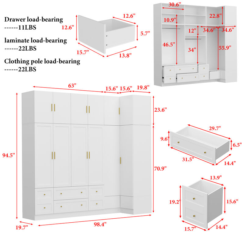 FUFU&GAGA L-Shaped Corner Wardrobe Combination with Large Storage Space, Adjustable Shelves, Hanging Rods, (98.4 in. W x 19.7 in. D x 94.5 in. H), White