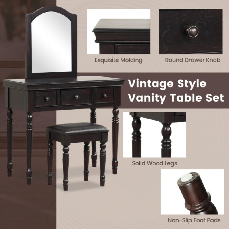Hivvago Makeup Vanity Table and Stool Set with Detachable Mirror and 3 Drawers Storage