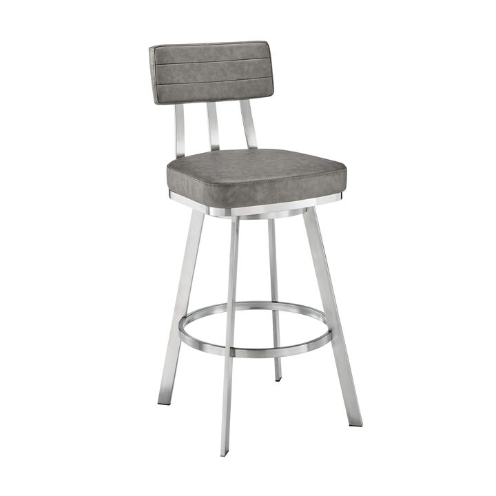 Poni 30 Inch Swivel Barstool Chair, Cushioned Seating, Gray Faux Leather - Benzara