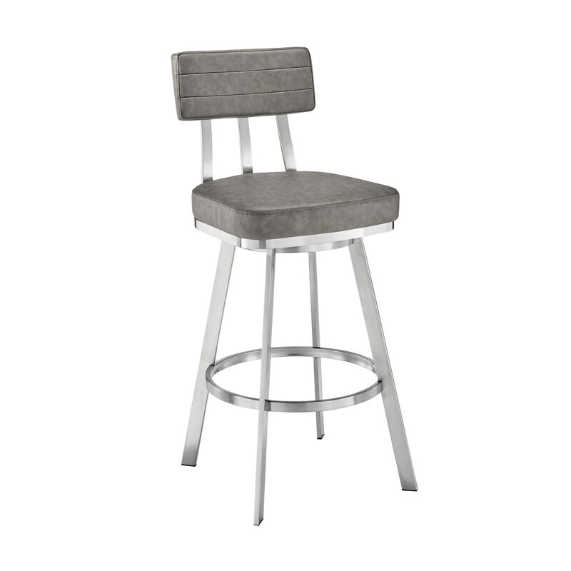 Poni 30 Inch Swivel Barstool Chair, Cushioned Seating, Gray Faux Leather - Benzara