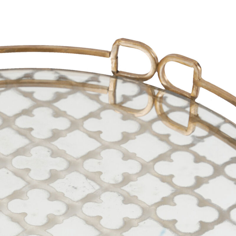Sui 18 Inch Round Decorative Tray, Glass Bottom and Gold Geometric Frame-Benzara