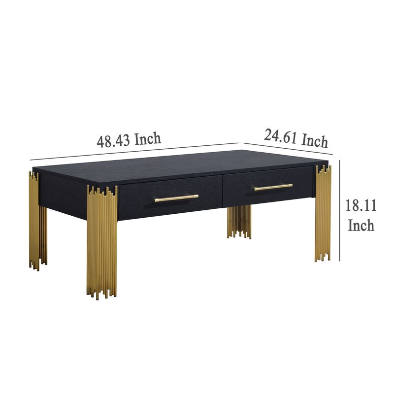 Theo Coffee Table, 2 Drawers, Gold Metal, Retro Black Wood 48 Inch