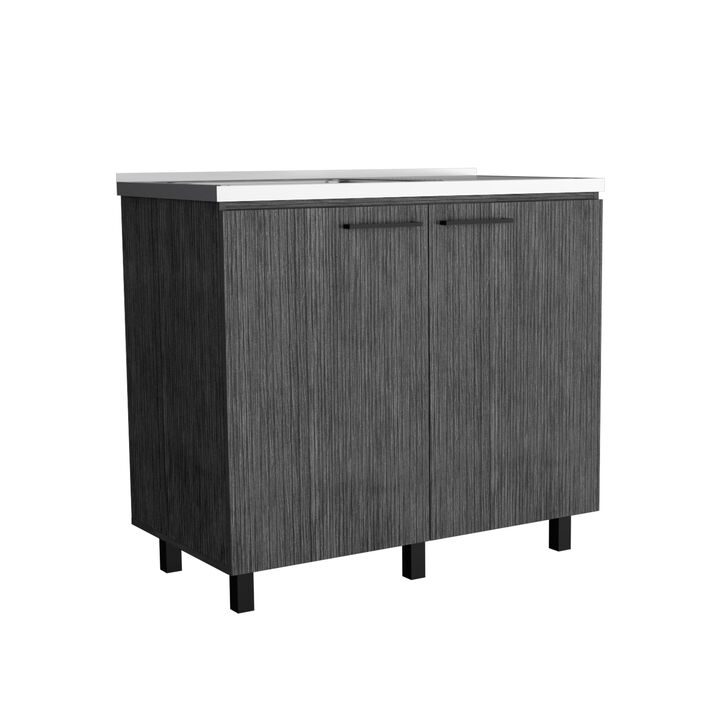 Salento 2 Freestanding Utility Base Cabinet with Stainless Steel Countertop and 2-Door, Smokey Oak -Kitchen