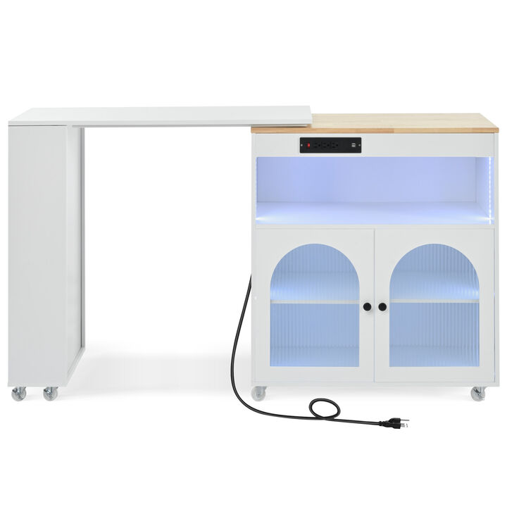Rolling Kitchen Island With Extended Table, Kitchen island on Wheels with LED Lights,Power Outlets and 2 Fluted Glass Doors, Kitchen Island with a Storage Compartment and Side 3 Open Shelves