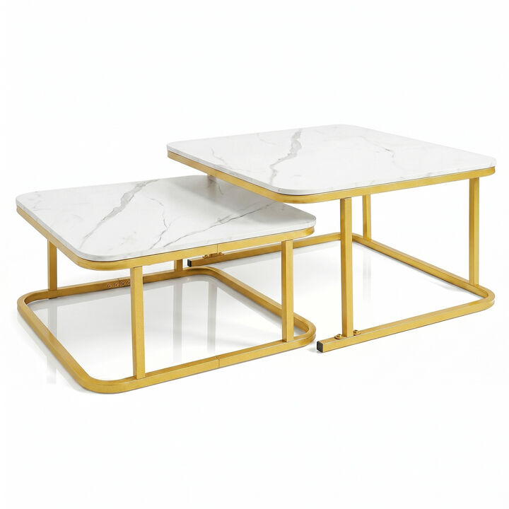 Modern Nesting Coffee Table Set with Faux Marble Surface and Metal Frame