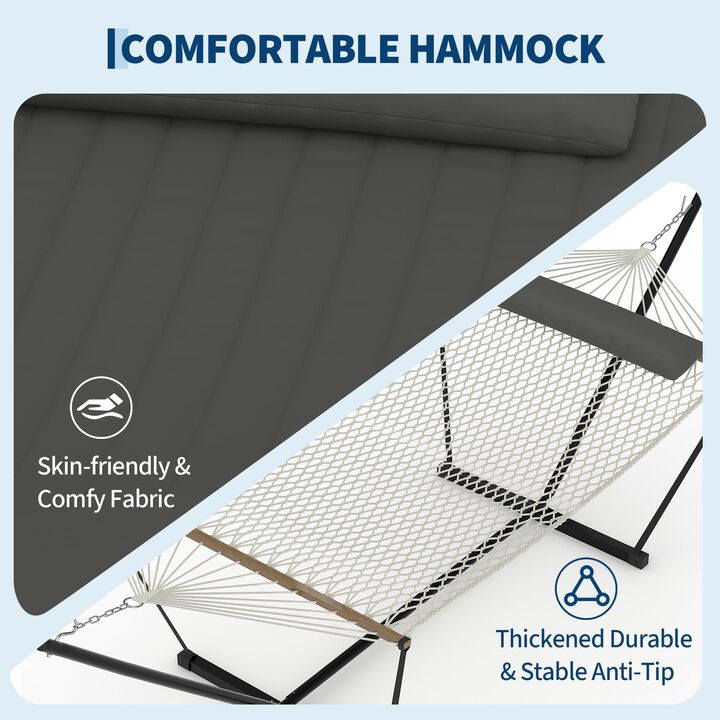 Heavy Duty Double Hammock with Stand &ndash; 2 Person, 475 lbs, Cotton Rope, Quilted Pad, Hardwood Bars, Portable Patio & Garden