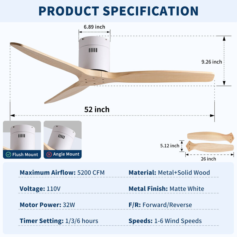 ELEMENT ACE 52 Inch Low Profile Flush Mount Ceiling Fan with Reversible Motor, Quiet Energy Efficient Operation for Low Ceiling Indoor Dry Location Use image number 2