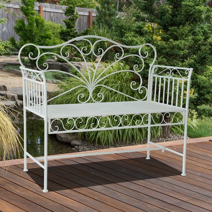 Cream White 45" Cast Iron Antique Outdoor Patio Garden Bench Seat