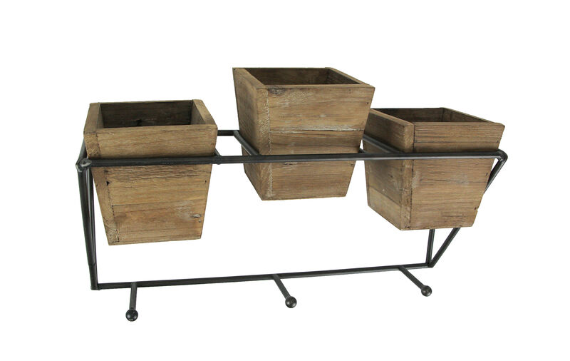 Wood and Wrought Iron Triple Planter Wall Hook Rack image number 0