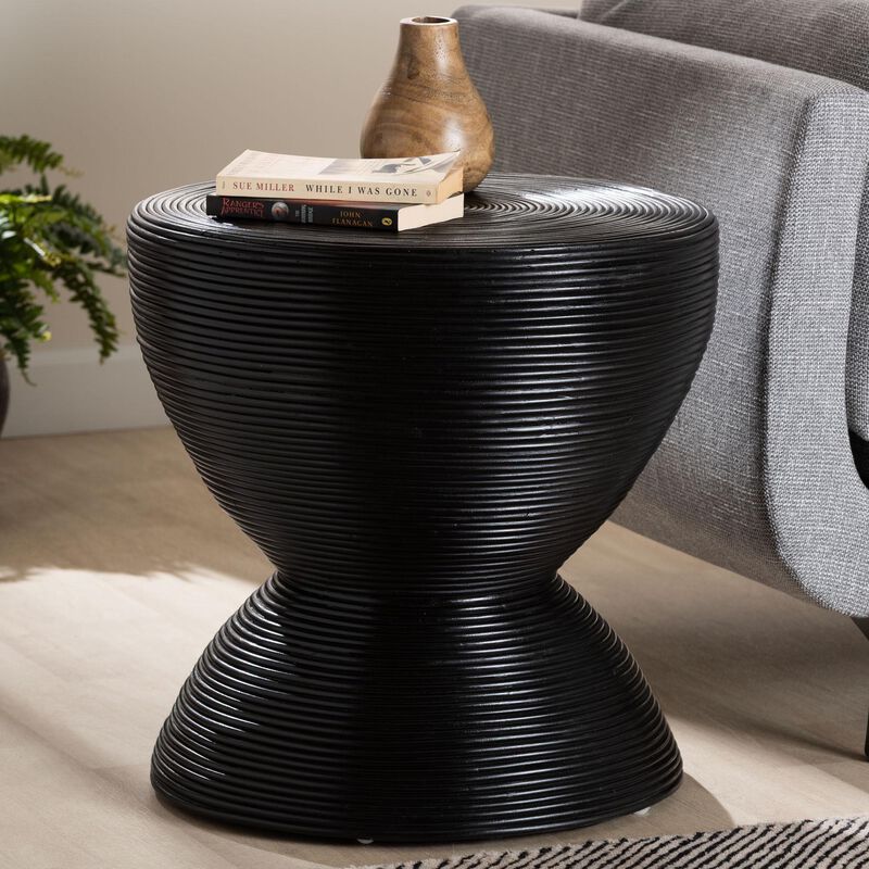 bali & pari Tokyo Laminated Natural Rattan Side Table –  Hourglass Accent Table with Modern Sculptural Design, Boho Chic Style for Living Room or Bedroom, Black