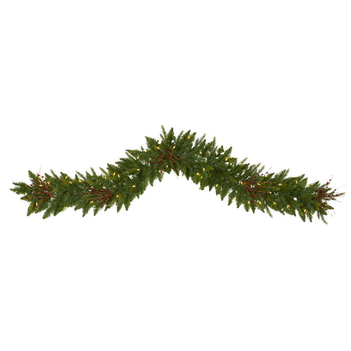 HomPlanti 6' Christmas Pine Artificial Garland with 50 Warm White LED Lights and Berries