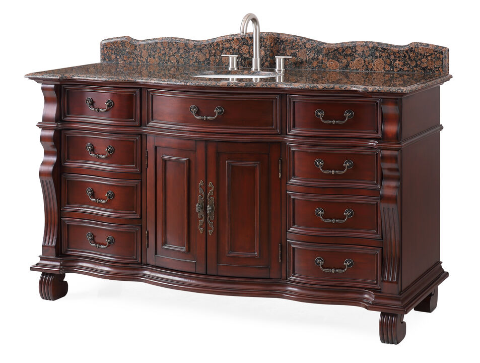60 inch Antique Style Cherry Wood Hopkinton Bathroom Sink Vanity With Baltic Brown Top