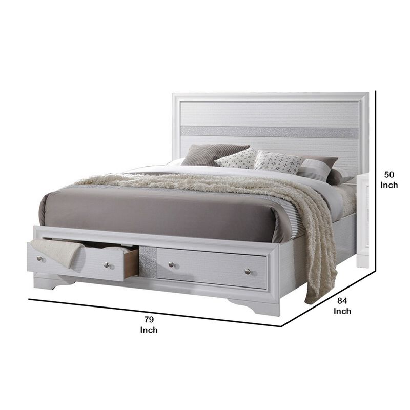 2 Drawer Wooden Eastern King Size Bed with Panel Headboard, White