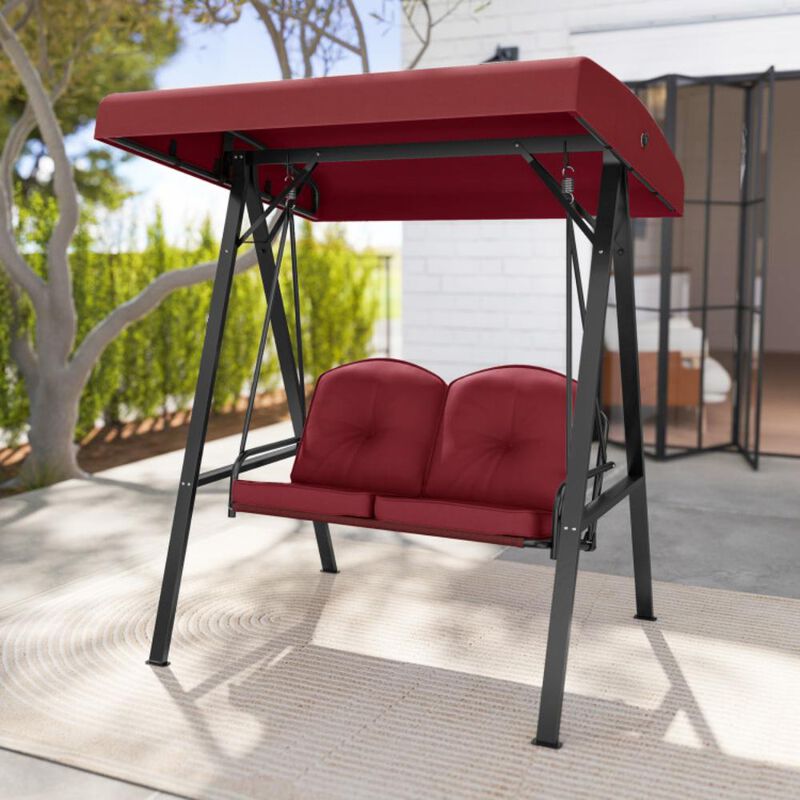 Hivvago 2-Person Outdoor Porch Swing with A-Shaped Metal Stand and Adjustable Canopy