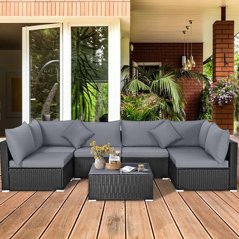 Mondawe 7 Pieces Sectional Wicker Furniture Sofa Set with Tempered Glass Top Coffee Table