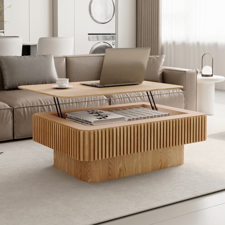 Rectangular lift top coffee table Coffee table with hidden storage and soft close Fluted MDF and solid wood veneer coffee table