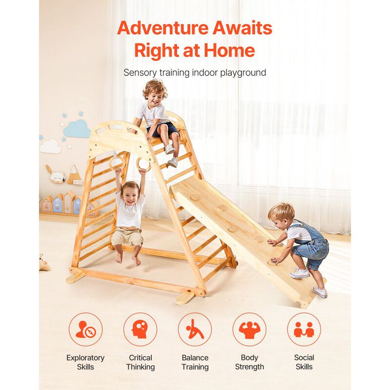 Wooden Indoor Playground Jungle Gym 4-in-1 Kids Climber with Slide, Ladder & Rings-Natural image number 3
