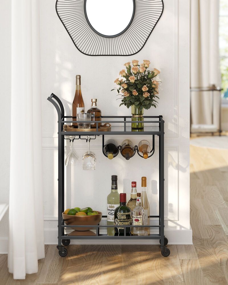 2-Tier Mirrored Bar Cart – Elegant Home Serving Trolley with Glass Shelves and Wheels for Dining or Living Room