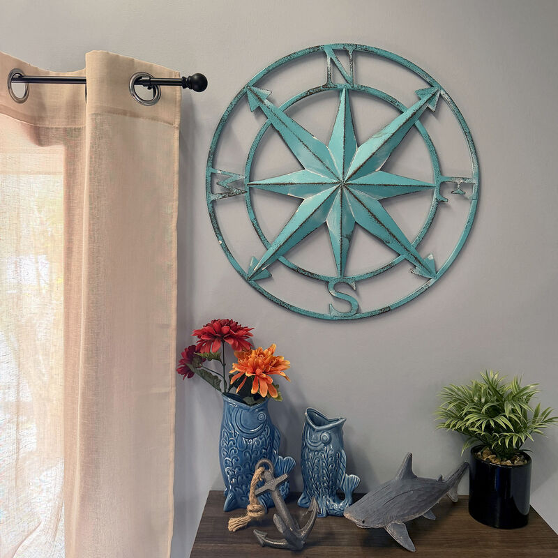 Aqua Metal Compass Rose Wall Decor 20.25 inch Coastal Nautical Beach Art image number 6