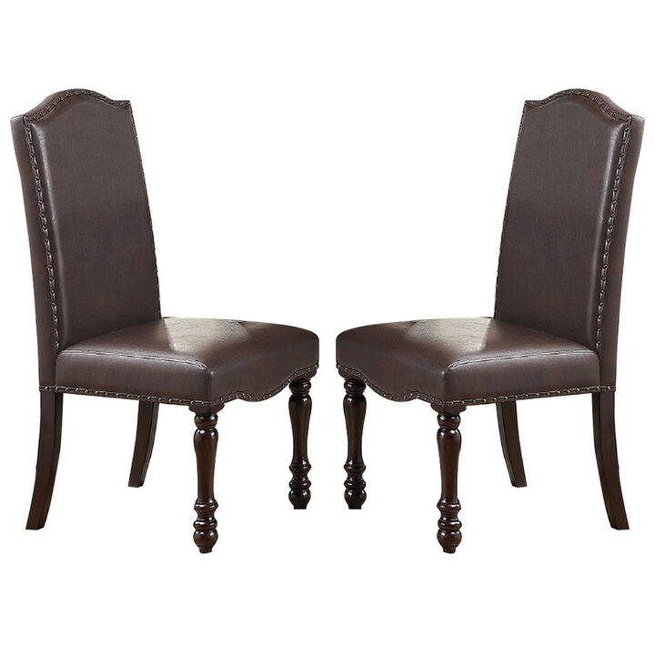 Nailhead Trim Faux Leather Dining Chair with Turned Legs, Set of 2, Brown-Benzara