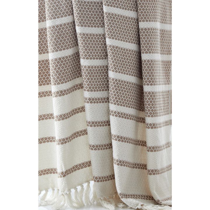 Ida 60 x 70 Throw Blanket with Diamond Knitted Cotton, Beige and White-Benzara