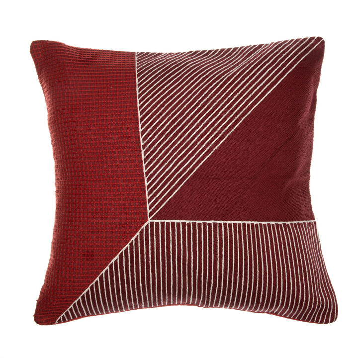 HomeRoots 24" Red and White Geometric Cotton Throw Pillow With Embroidery