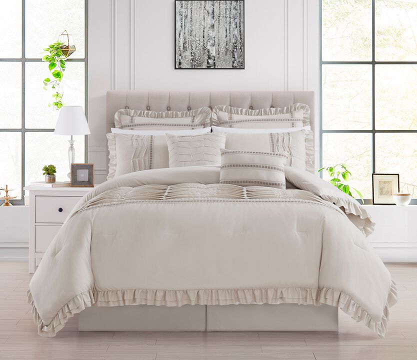 Chic Home Yvette Comforter Set Ruffled Pleated Flange Border Design Bedding Beige, Queen