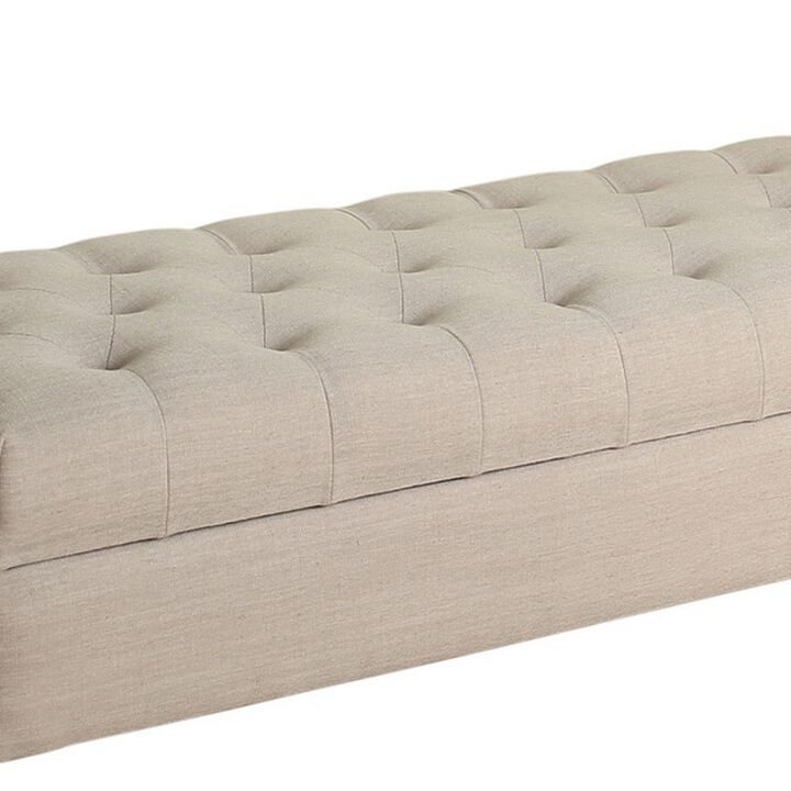 Fabric Upholstered Wooden Bench with Button Tufted Lift Top Storage, Beige - Benzara