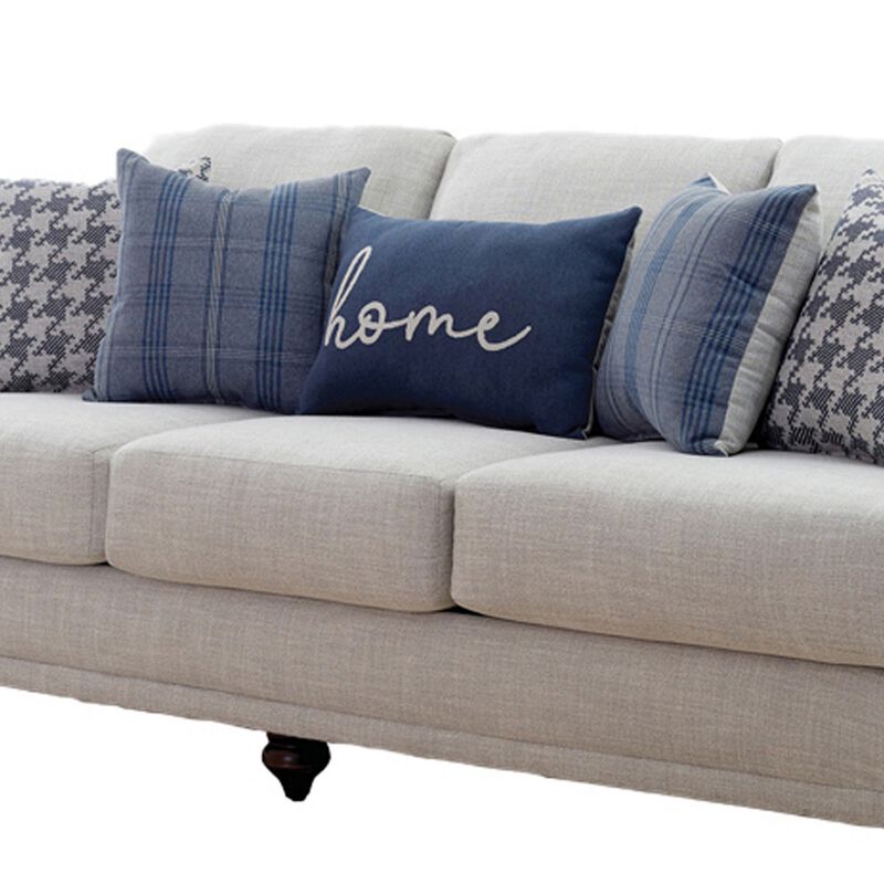 Fabric Upholstered Sofa with Sloped Armrests and Turned Legs, Light Gray - Benzara