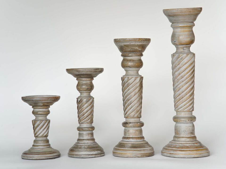 Traditional Gray Wash Eco-friendly Handmade Mango Wood Set Of Four 6",9",12" & 15" Pillar Candle Holder BBH Homes