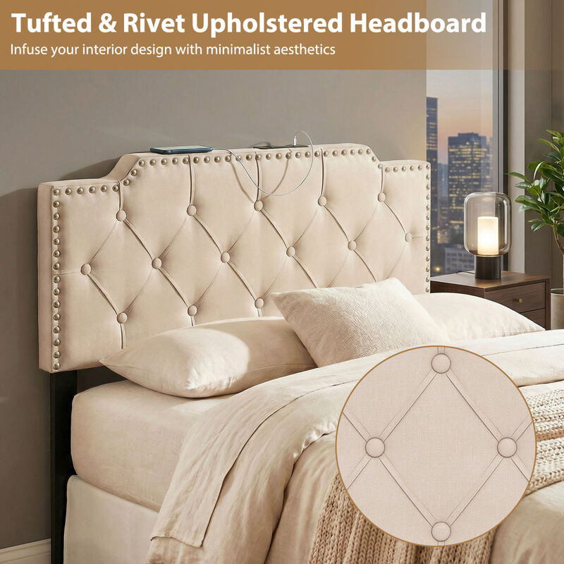 Queen Full Size Upholstered Headboard with Vertical Quilted Linen Fabric image number 3