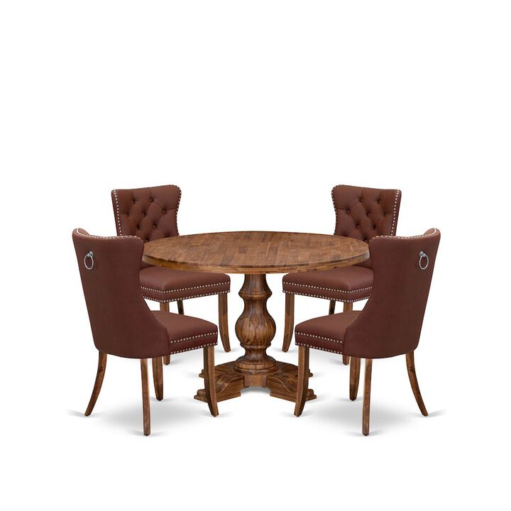 5-Pc Mid Century Modern Dining Set Contain A Wood Table And 4 Burgundy Chairs